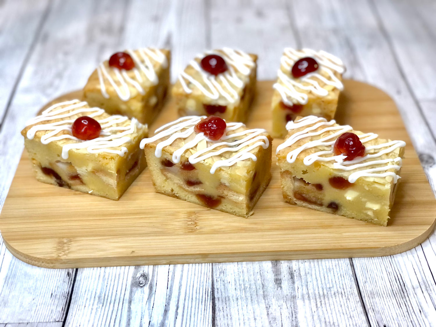Cherry Bakewell Fully Loaded White Chocolate Chunky Blondies