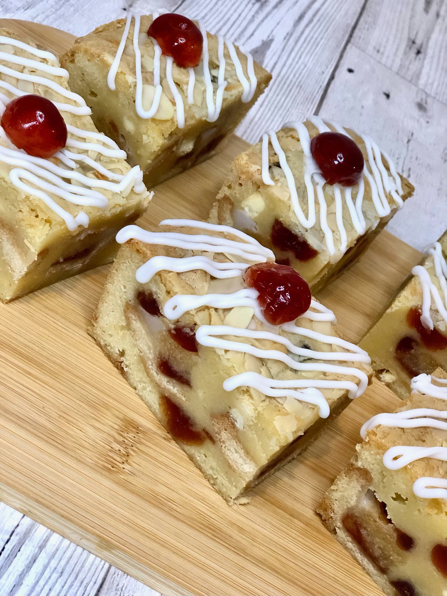 Cherry Bakewell Fully Loaded White Chocolate Chunky Blondies