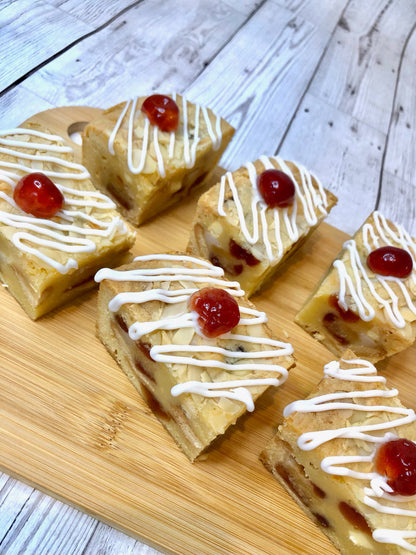 Cherry Bakewell Fully Loaded White Chocolate Chunky Blondies