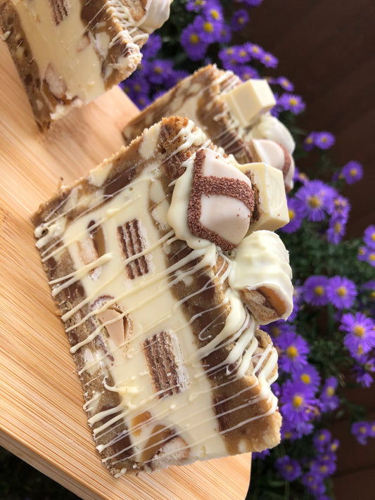 White Chocolate Cookie Pie Slices White Twix, White Kinder Bueno