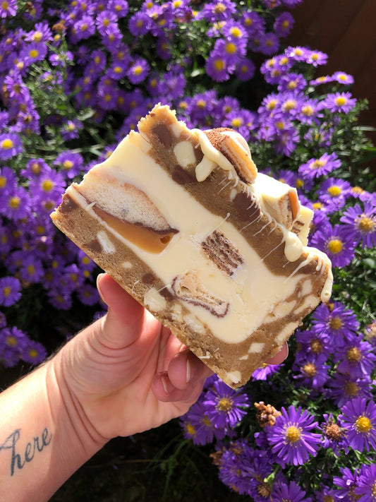 White Chocolate Cookie Pie Slices White Twix, White Kinder Bueno