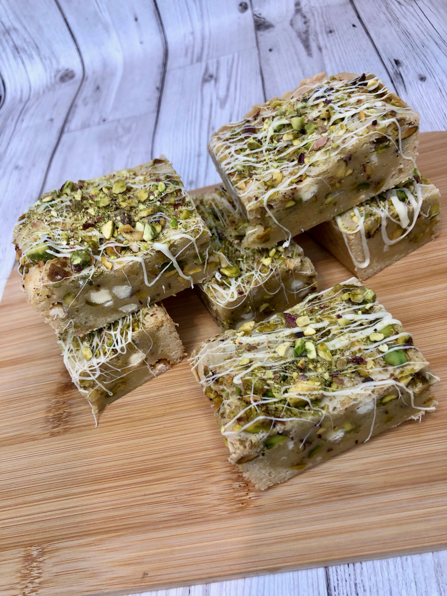Pistachio & White Chocolate Fully Loaded Chunky Blondies