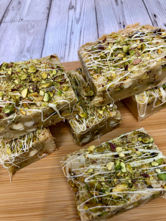 Pistachio & White Chocolate Fully Loaded Chunky Blondies